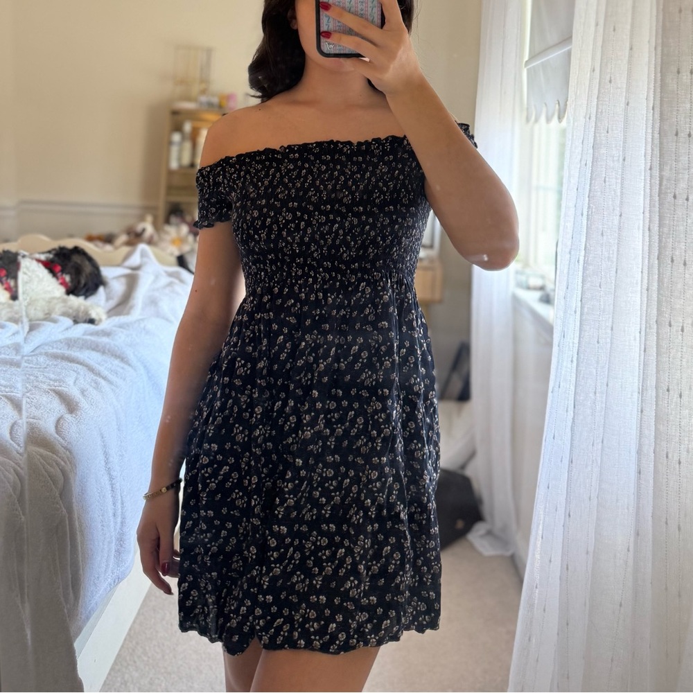 Brandy Melville Navy Blue Floral Off-Shoulder Dress